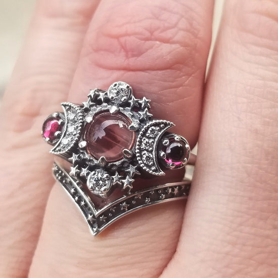 Ready to Ship Size 4 - 6 - Oregon Sunstone & Rhodolite Garnet Cosmos Ring with Diamonds and Stardust Chevron - Sterling Silver