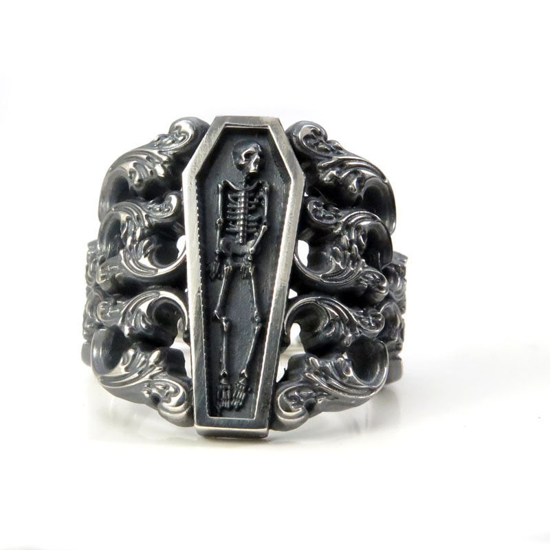 Ready to Ship Size 6 - 8 - Memento Mori Ring with Baroque Silver Scrolls Skeleton Mourning Jewelry - Spooky Halloween Jewelry