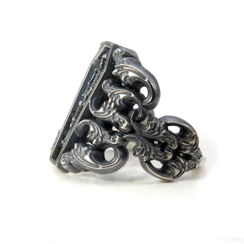 Ready to Ship Size 6 - 8 - Memento Mori Ring with Baroque Silver Scrolls Skeleton Mourning Jewelry - Spooky Halloween Jewelry