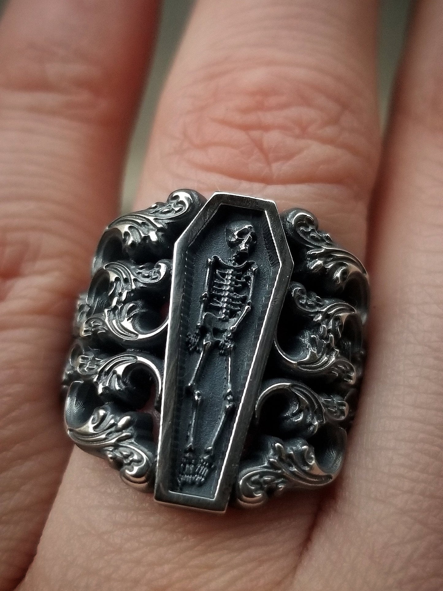 Ready to Ship Size 6 - 8 - Memento Mori Ring with Baroque Silver Scrolls Skeleton Mourning Jewelry - Spooky Halloween Jewelry