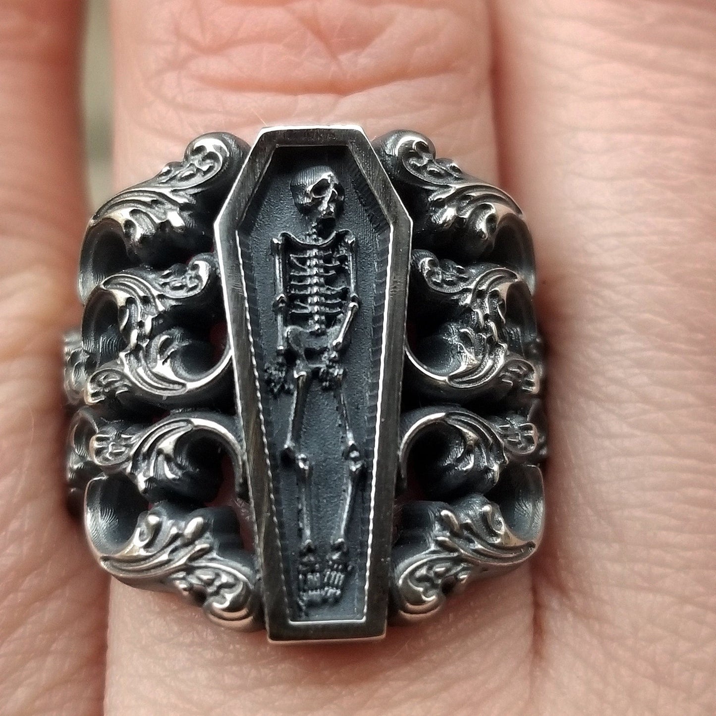 Ready to Ship Size 6 - 8 - Memento Mori Ring with Baroque Silver Scrolls Skeleton Mourning Jewelry - Spooky Halloween Jewelry