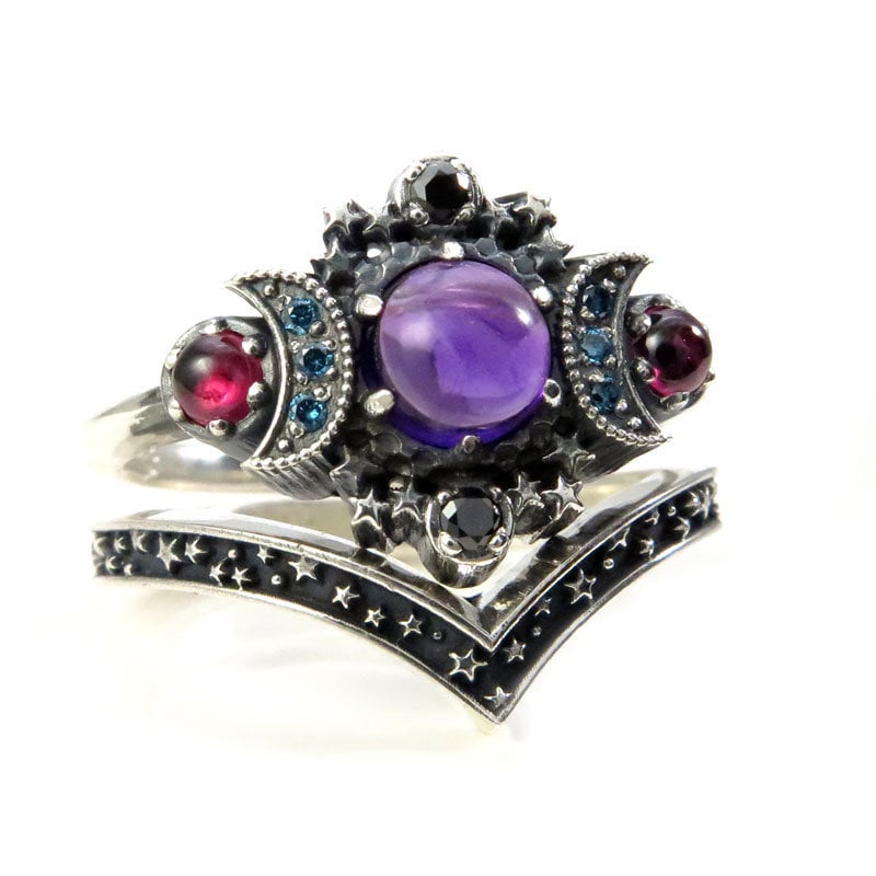 Nebula Cosmos Moon and Star Ring Set - Amethyst with Blue Diamond Moons and Rhodolite Garnets - Sterling Silver