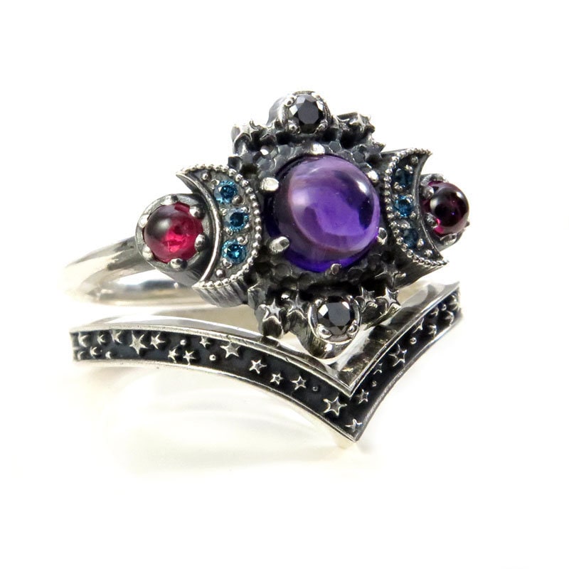 Nebula Cosmos Moon and Star Ring Set - Amethyst with Blue Diamond Moons and Rhodolite Garnets - Sterling Silver