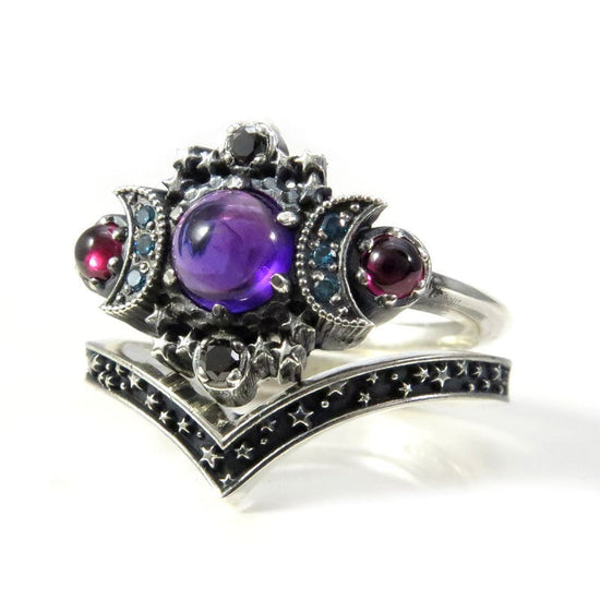 Nebula Cosmos Moon and Star Ring Set - Amethyst with Blue Diamond Moons and Rhodolite Garnets - Sterling Silver