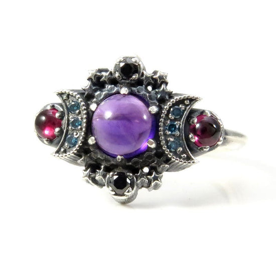 Nebula Cosmos Moon and Star Ring Set - Amethyst with Blue Diamond Moons and Rhodolite Garnets - Sterling Silver