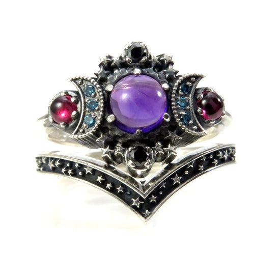 Nebula Cosmos Moon and Star Ring Set - Amethyst with Blue Diamond Moons and Rhodolite Garnets - Sterling Silver