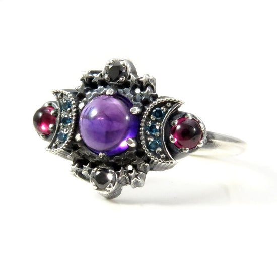 Nebula Cosmos Moon and Star Ring Set - Amethyst with Blue Diamond Moons and Rhodolite Garnets - Sterling Silver