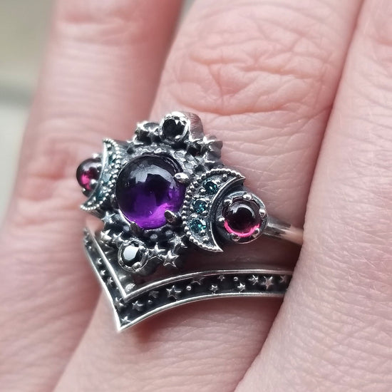 Nebula Cosmos Moon and Star Ring Set - Amethyst with Blue Diamond Moons and Rhodolite Garnets - Sterling Silver