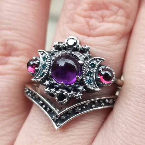 Nebula Cosmos Moon and Star Ring Set - Amethyst with Blue Diamond Moons and Rhodolite Garnets - Sterling Silver