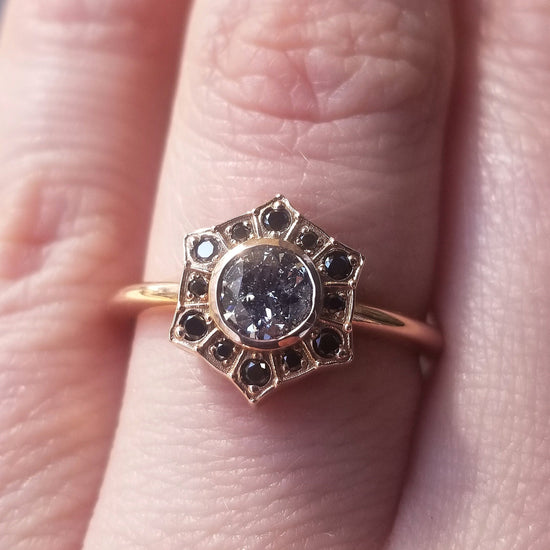 Ready to Ship Size 6 - 8 - Salt & Pepper Diamond Art Deco Halo Engagement Ring with Black Diamond Halo - 14k Rose Gold