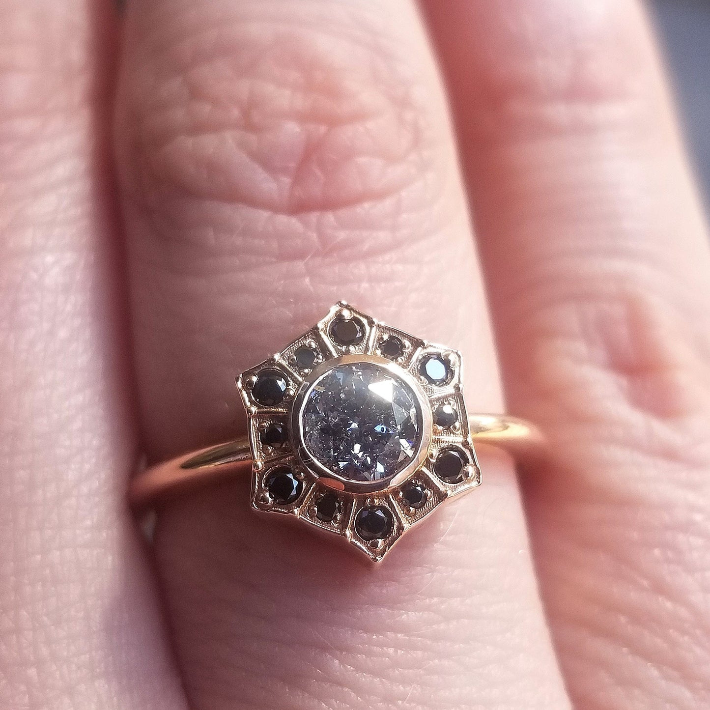 Ready to Ship Size 6 - 8 - Salt & Pepper Diamond Art Deco Halo Engagement Ring with Black Diamond Halo - 14k Rose Gold