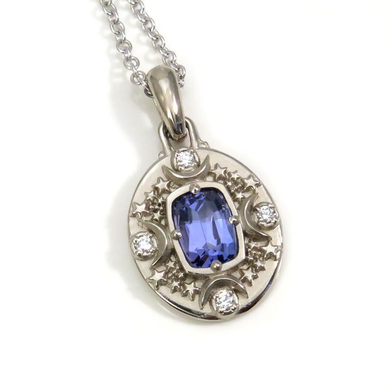 Ready to Ship - 1.13 carat Tanzanite Cushion Artemis Pendant with Crescent Moons & Stars - 14k Palladium White Gold - Celestial Necklace