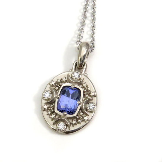 Ready to Ship - 1.13 carat Tanzanite Cushion Artemis Pendant with Crescent Moons & Stars - 14k Palladium White Gold - Celestial Necklace