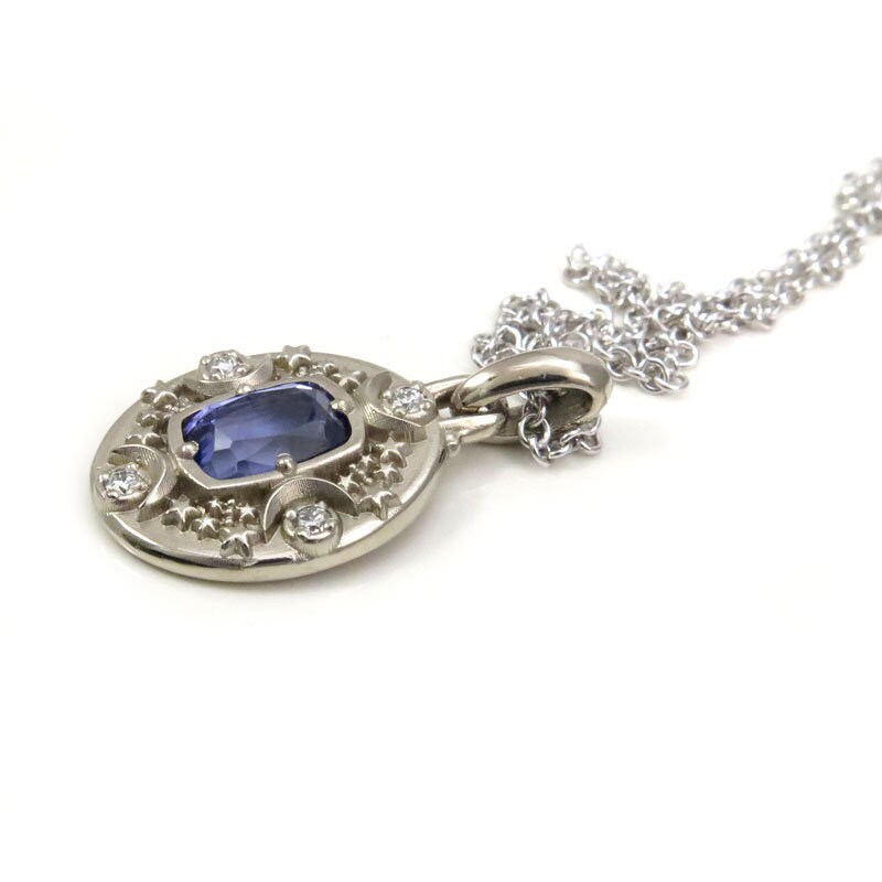 Ready to Ship - 1.13 carat Tanzanite Cushion Artemis Pendant with Crescent Moons & Stars - 14k Palladium White Gold - Celestial Necklace