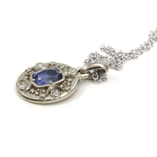 Ready to Ship - 1.13 carat Tanzanite Cushion Artemis Pendant with Crescent Moons & Stars - 14k Palladium White Gold - Celestial Necklace