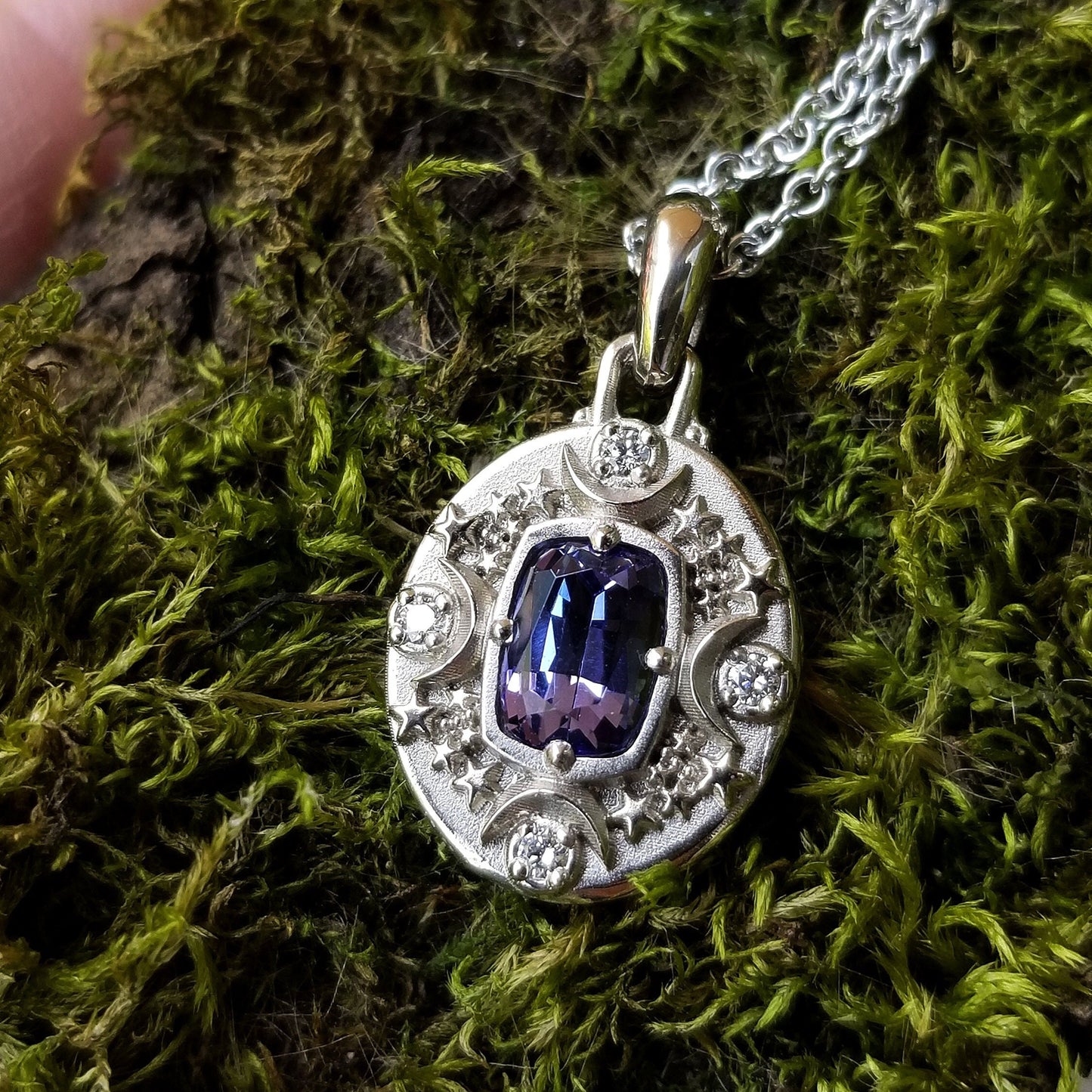 Ready to Ship - 1.13 carat Tanzanite Cushion Artemis Pendant with Crescent Moons & Stars - 14k Palladium White Gold - Celestial Necklace