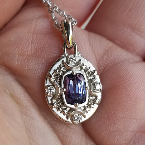 Ready to Ship - 1.13 carat Tanzanite Cushion Artemis Pendant with Crescent Moons & Stars - 14k Palladium White Gold - Celestial Necklace