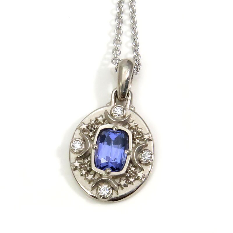 Ready to Ship - 1.13 carat Tanzanite Cushion Artemis Pendant with Crescent Moons & Stars - 14k Palladium White Gold - Celestial Necklace