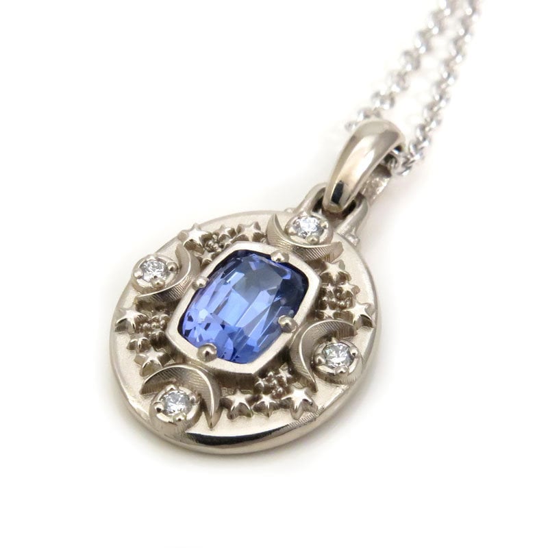 Ready to Ship - 1.13 carat Tanzanite Cushion Artemis Pendant with Crescent Moons & Stars - 14k Palladium White Gold - Celestial Necklace