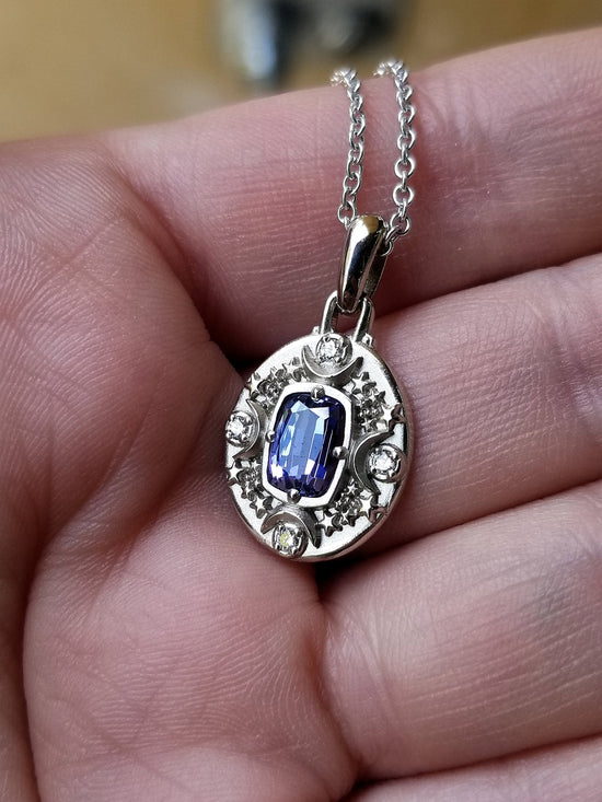 Ready to Ship - 1.13 carat Tanzanite Cushion Artemis Pendant with Crescent Moons & Stars - 14k Palladium White Gold - Celestial Necklace