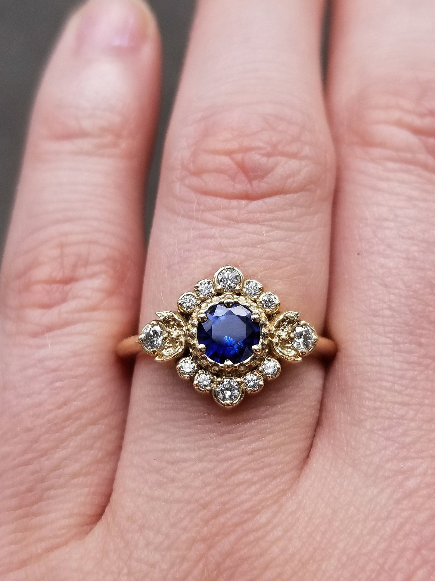 Ready to Ship Size 6 - 8 - Blue Moon Halo Sapphire Engagement Ring Set with Double Chevron Wedding Band - 14k Yellow Gold - Handmade Jewelry