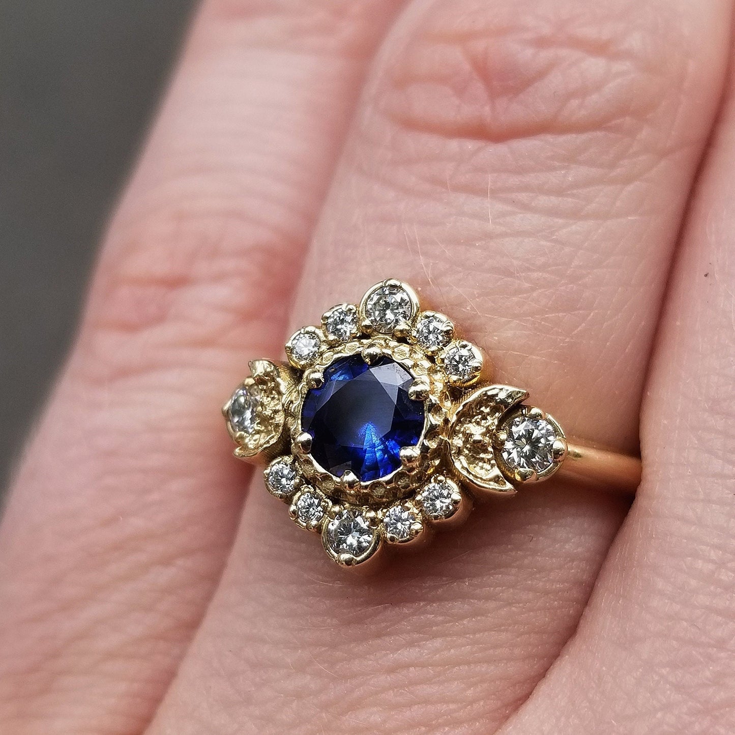 Ready to Ship Size 6 - 8 - Blue Moon Halo Sapphire Engagement Ring Set with Double Chevron Wedding Band - 14k Yellow Gold - Handmade Jewelry