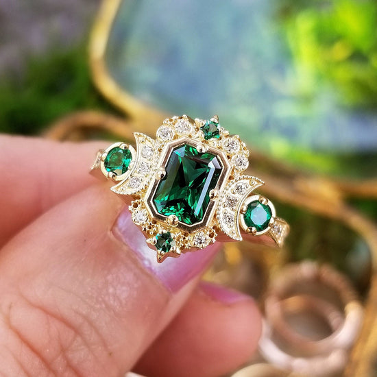 Chatham Emerald Selene Diamond Crescent Moon Engagement Ring - Emerald Cut Emerald - 14k Yellow Gold, 14k Rose Gold or 14k White Gold