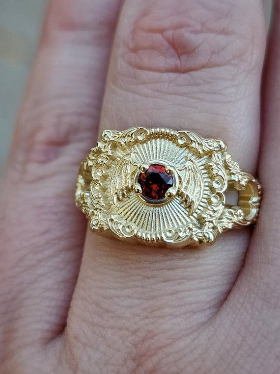 Ready to Ship Size 6-8 Baturday - Bat Signet Ring with Arizona Sunset Garnet -  Victorian Inspired Baroque Antique Styled Bat Wing Ring - 14k Yellow Gold